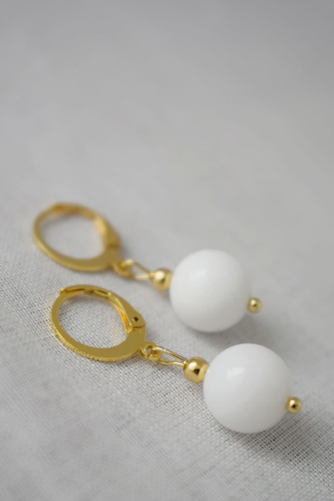Huggie earrings with white jade gemstone bead pendant in gold plated stainless steel hoop earringsBest christmas gift