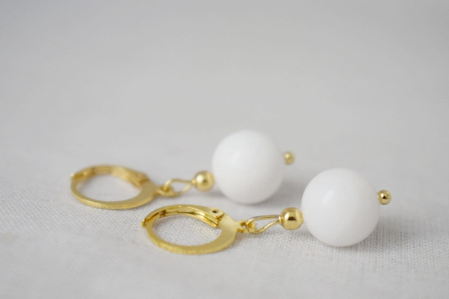Huggie earrings with white jade gemstone bead pendant in gold plated stainless steel hoop earringsBest christmas gift