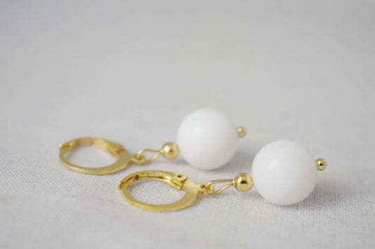 Huggie earrings with white jade gemstone bead pendant in gold plated stainless steel hoop earringsBest christmas gift