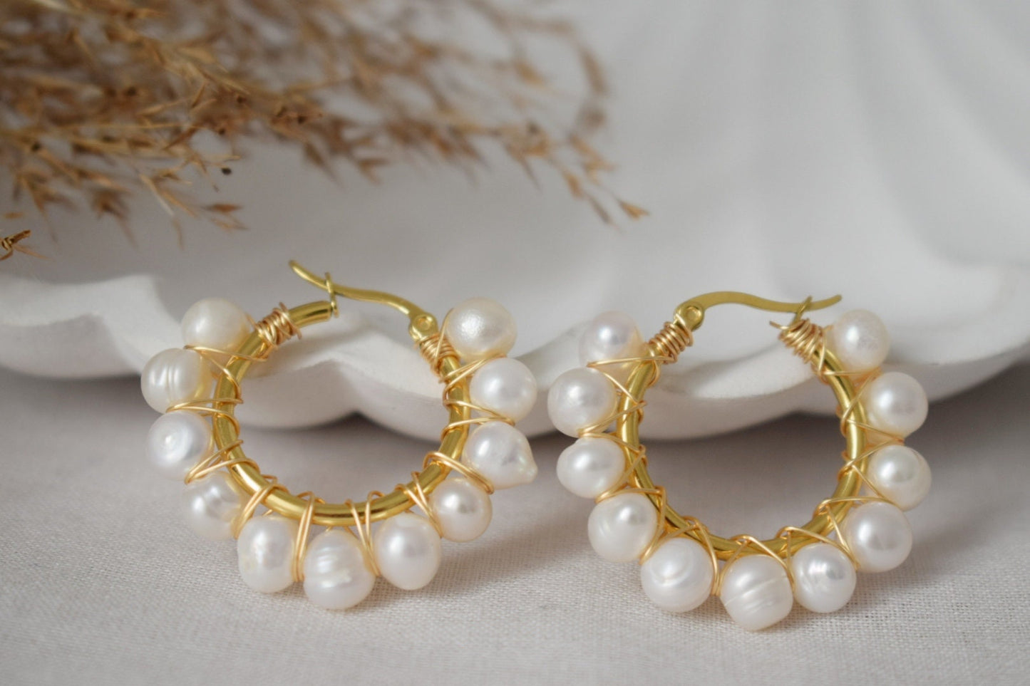 Pearl hoop earrings gold, Pearl Cluster Dangle Earrings, Lever back earrings, Bridesmaid huggies, Wedding pearl earrings, Gift for women