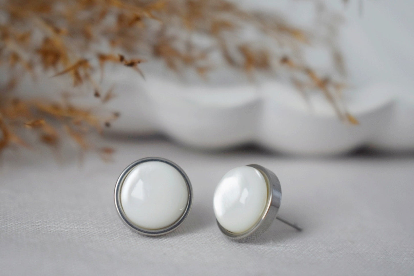 Mother of pearl stud earrings, Shell stud earrings, 10mm, Stainless Steel stud earrings, Round, Push back stud, Pearl jewelry, Gift women