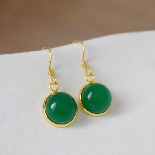 Jade Green Earrings, Gemstone round pendant earrings, 12mm stone dangle earrings, 18k Gold plated stainless steel jewelry, Best Gift for her