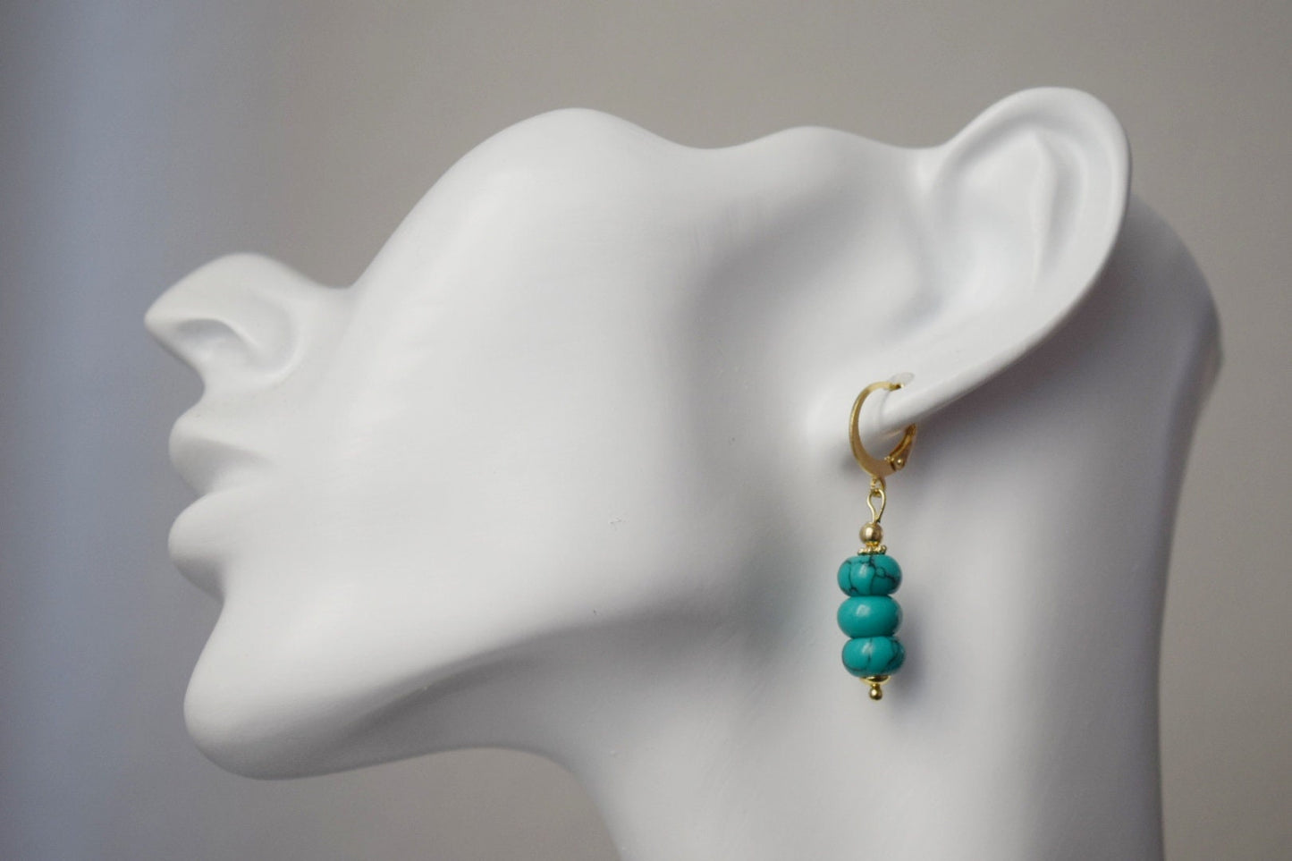 Turquoise dangle earrings gold, Gemstone huggie earrings, Dainty bead earrings, Gold plated stainless steel, Handmade turquoise jewelry