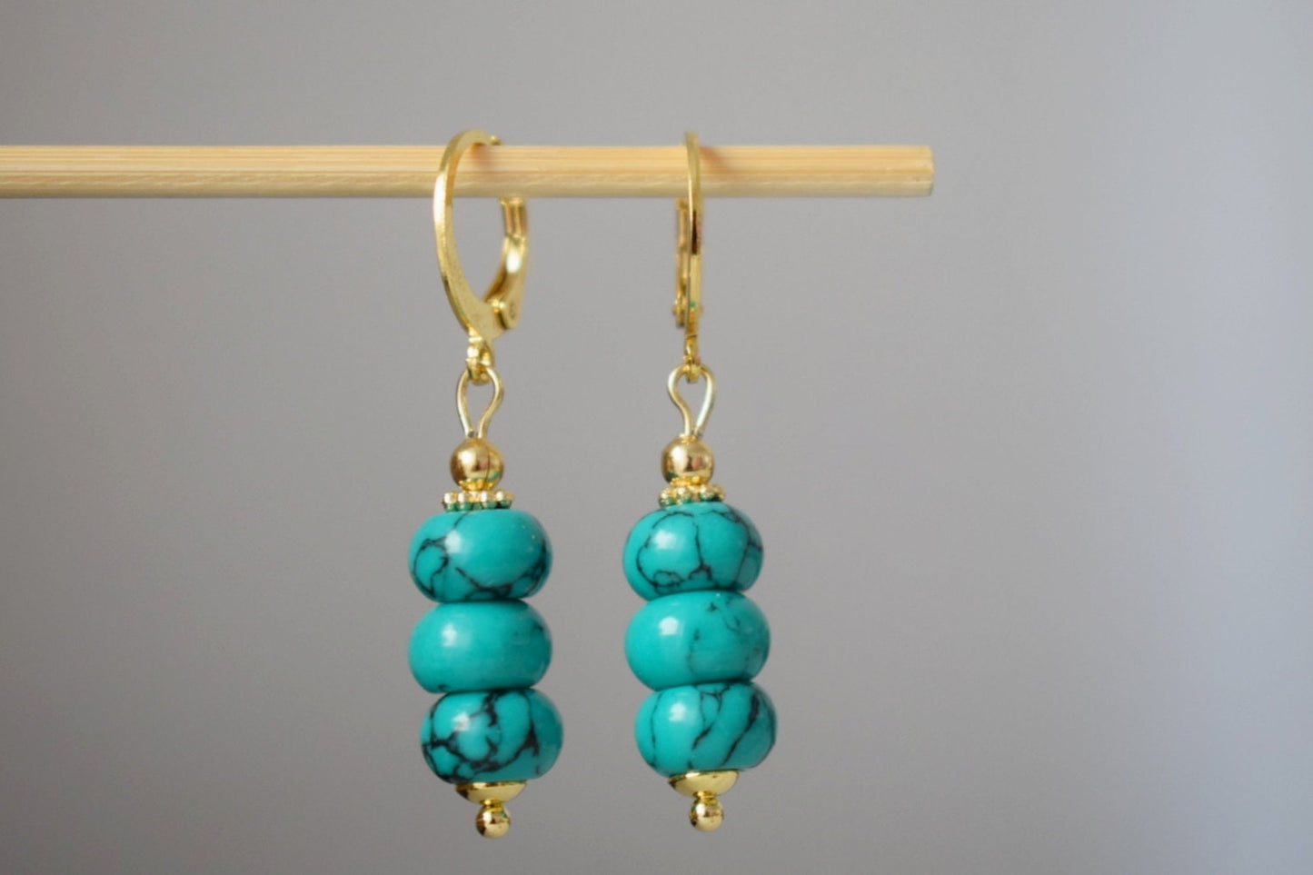 Turquoise dangle earrings gold, Gemstone huggie earrings, Dainty bead earrings, Gold plated stainless steel, Handmade turquoise jewelry
