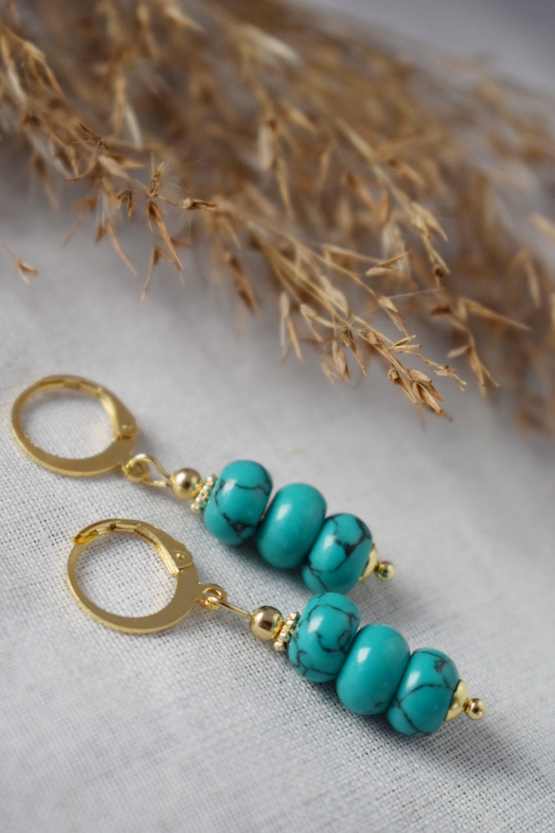Turquoise dangle earrings gold, Gemstone huggie earrings, Dainty bead earrings, Gold plated stainless steel, Handmade turquoise jewelry