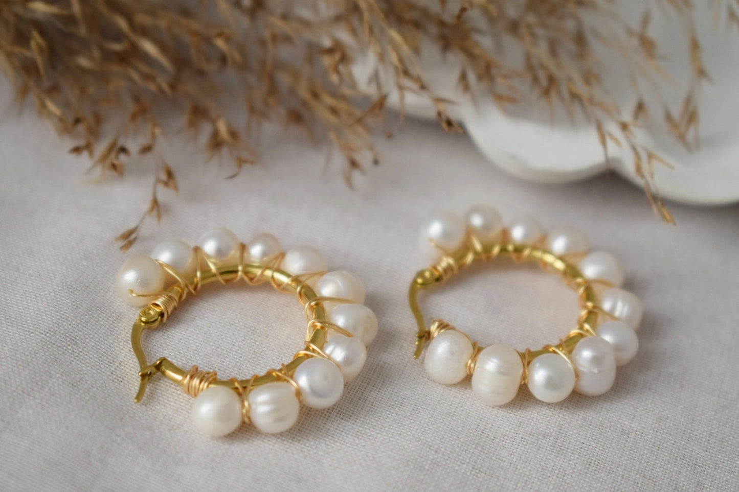 Pearl hoop earrings gold, Pearl Cluster Dangle Earrings, Lever back earrings, Bridesmaid huggies, Wedding pearl earrings, Gift for women
