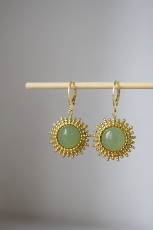 Aventurine earrings gold, Sun rays huggie earrings, Sunburst, Green gemstone drop earrings, Celestial, Aventurine jewelry, Gift for her