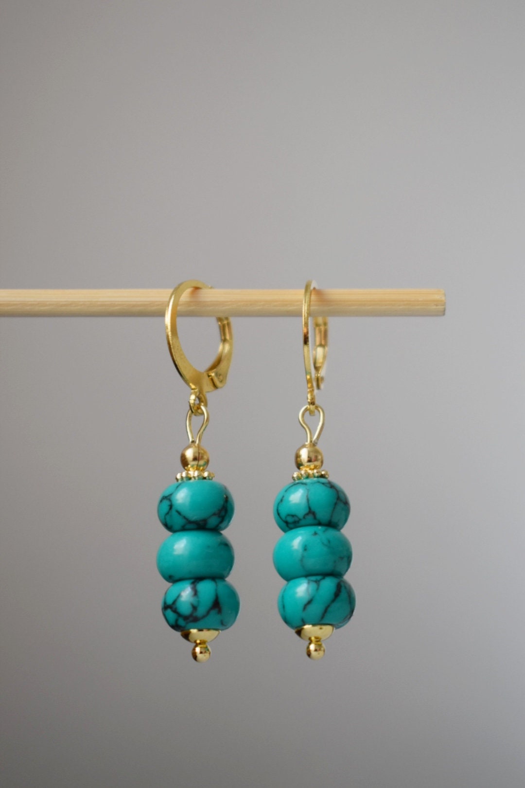Turquoise dangle earrings gold, Gemstone huggie earrings, Dainty bead earrings, Gold plated stainless steel, Handmade turquoise jewelry