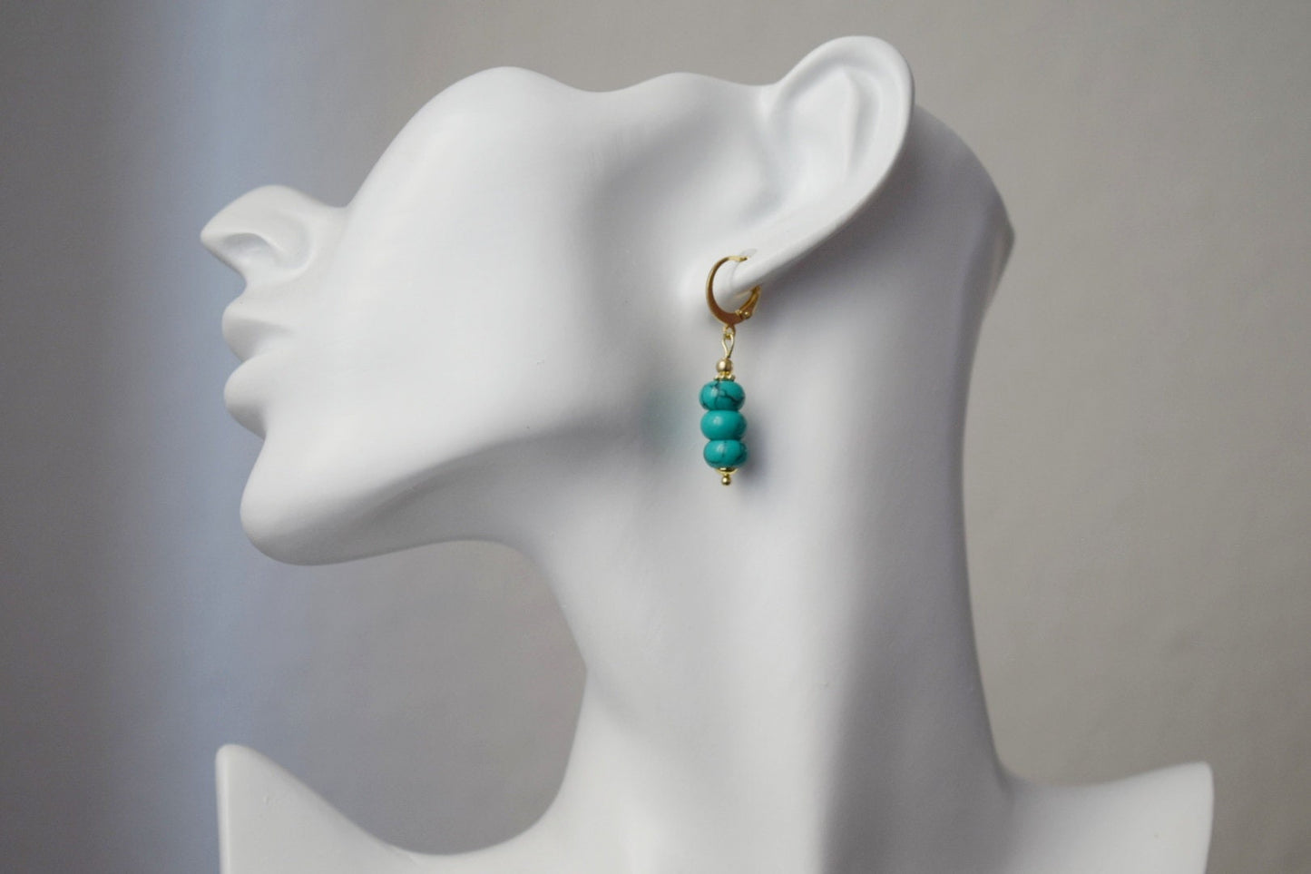 Turquoise dangle earrings gold, Gemstone huggie earrings, Dainty bead earrings, Gold plated stainless steel, Handmade turquoise jewelry