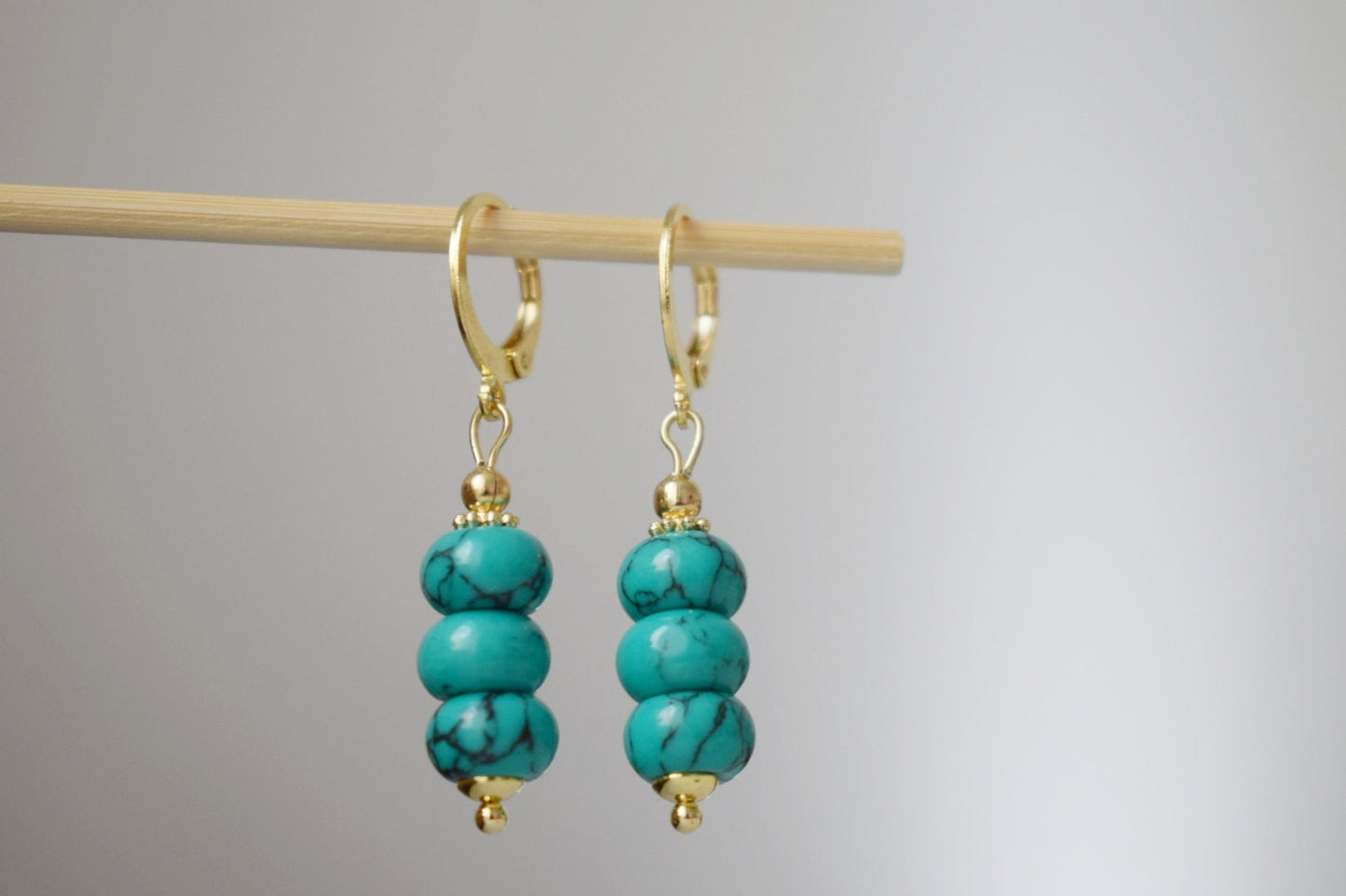 Turquoise dangle earrings gold, Gemstone huggie earrings, Dainty bead earrings, Gold plated stainless steel, Handmade turquoise jewelry