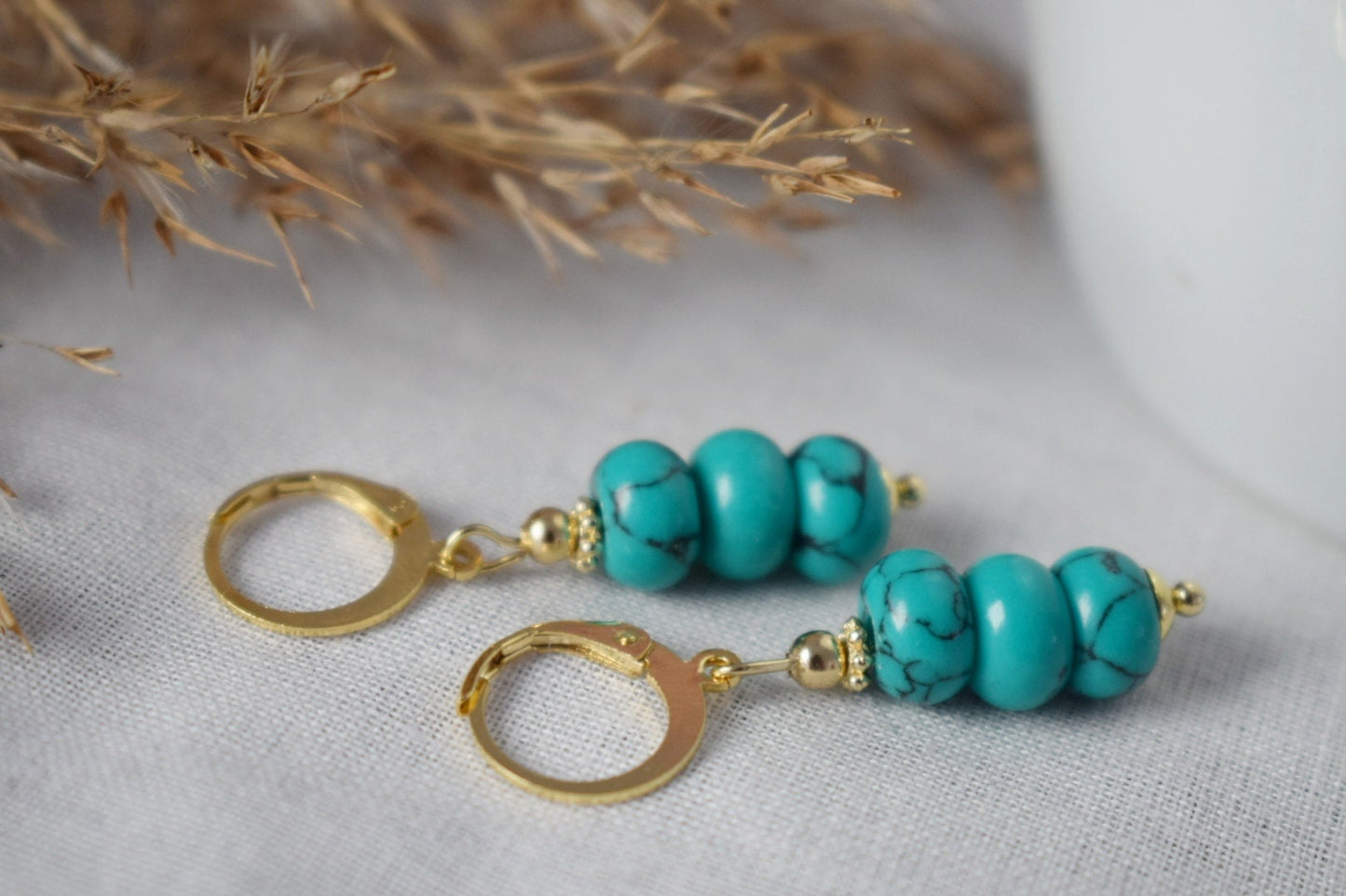 Turquoise dangle earrings gold, Gemstone huggie earrings, Dainty bead earrings, Gold plated stainless steel, Handmade turquoise jewelry