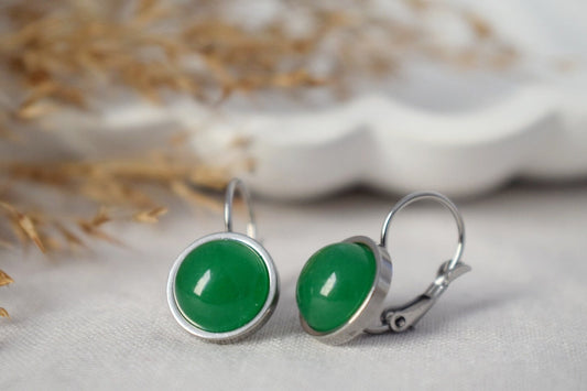 Green Jade Earrings, Small Gemstone Earrings, Positive Jewelry, 10mm, Green Dangle Drop Earrings, Leverback Earrings, Gifts For Women