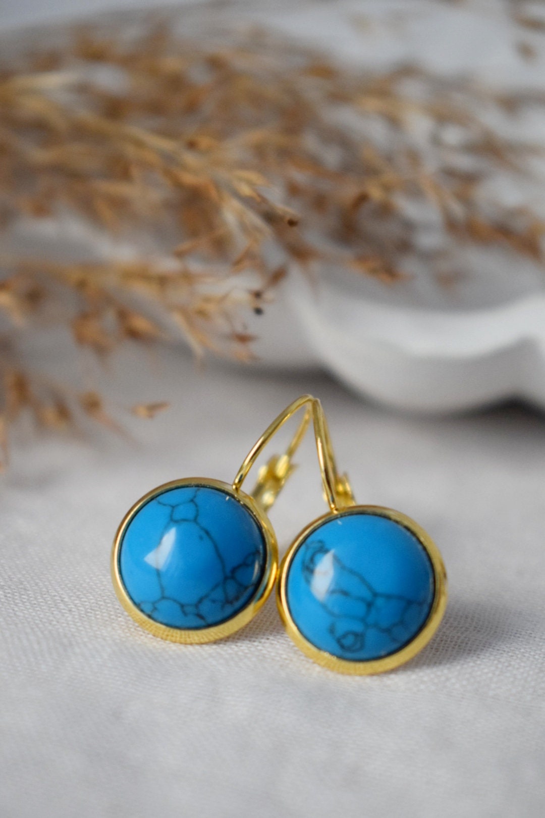Turquoise Earrings Dangle, Round Blue Gemstone Earrings, Dark Blue, 18k gold plated stainless steel, Jewelry Gift For Women, Mother's day