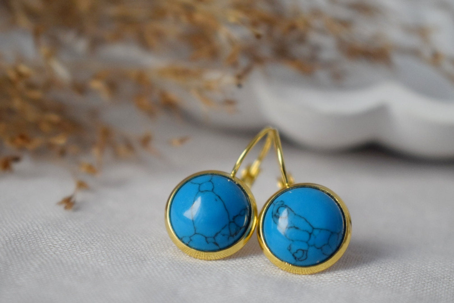 Turquoise Earrings Dangle, Round Blue Gemstone Earrings, Dark Blue, 18k gold plated stainless steel, Jewelry Gift For Women, Mother's day