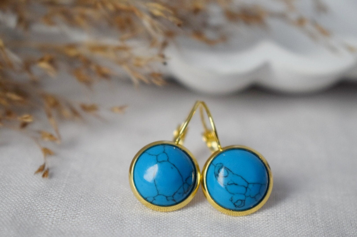 Turquoise Earrings Dangle, Round Blue Gemstone Earrings, Dark Blue, 18k gold plated stainless steel, Jewelry Gift For Women, Mother's day