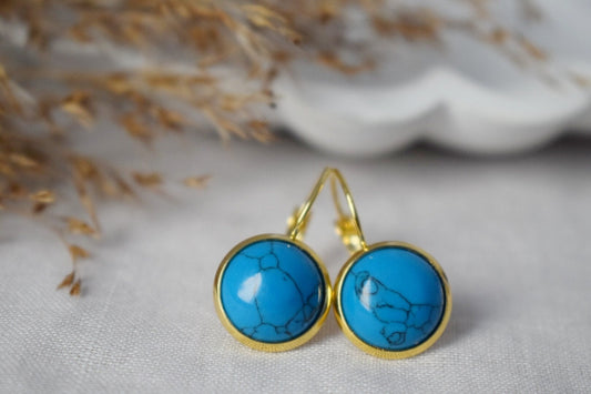 Turquoise Earrings Dangle, Round Blue Gemstone Earrings, Dark Blue, 18k gold plated stainless steel, Jewelry Gift For Women, Mother's day