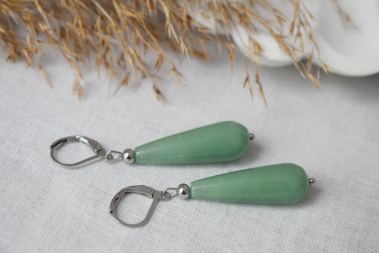 Long teardrop aventurine dangle earrings, Green silver gemstone drop hoops, Natural aventurine jewelry giftBest christmas gift