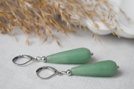 Long teardrop aventurine dangle earrings, Green silver gemstone drop hoops, Natural aventurine jewelry giftBest christmas gift