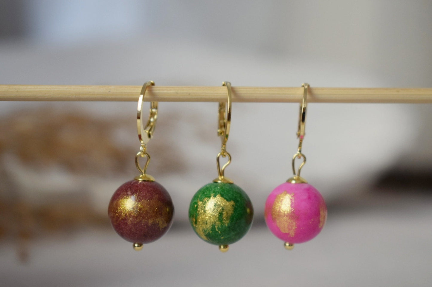 Green jade earrings, Jade bead earrings, Gemstone huggies, Green jade bead with gold foil, Pearl hanging earrings, Leverback, Gift for her