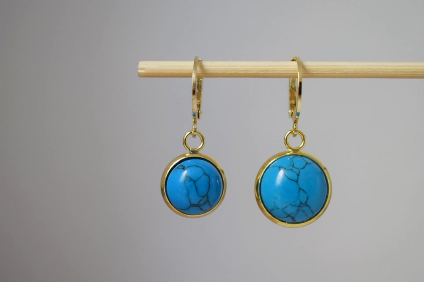 Turquoise earrings gold dangle, Huggie earrings, Round Gemstone Hanging Earrings, Lever Back Hoop Earrings, Turquoise Jewelry, Gift For Her