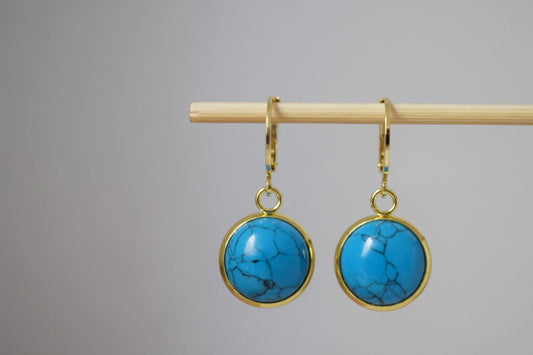 Turquoise earrings gold dangle, Huggie earrings, Round Gemstone Hanging Earrings, Lever Back Hoop Earrings, Turquoise Jewelry, Gift For Her