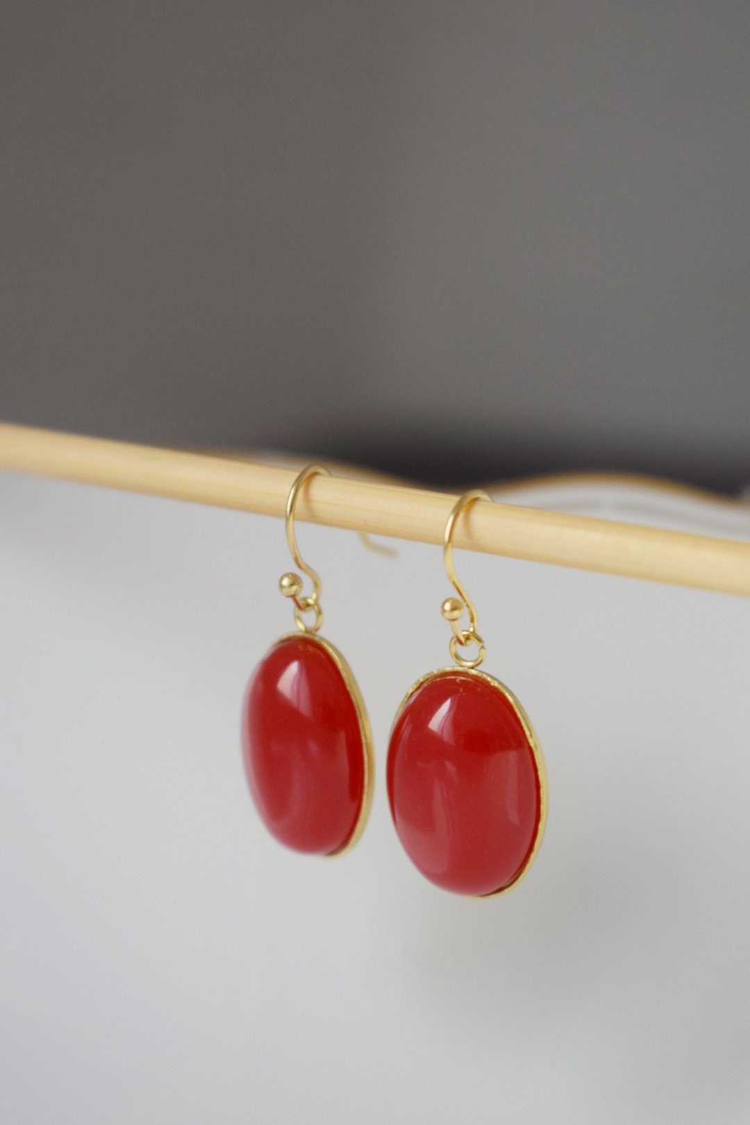 Red jade earrings dangle, Red gold statement earrings, Hanging oval gemstone earrings, red earrings for women, Jade jewelry, Gift for her