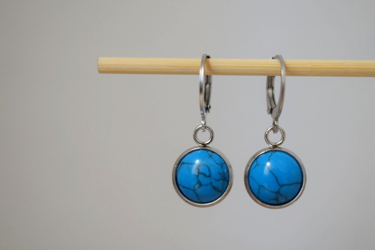 Turquoise earrings, Huggie earrings with turquoise pendant stainless steel, Round gemstone hoops, Small boho jewelry, Gift for her