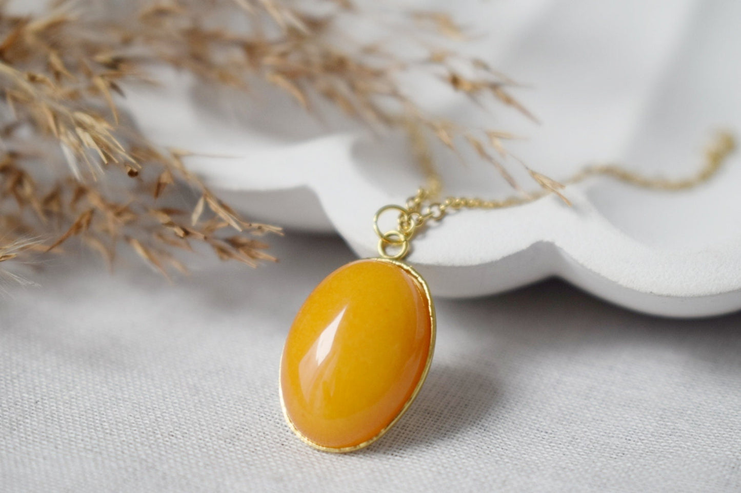 Necklace Yellow Jade Oval Gold Pendant For Women, Yellow gemstone necklace, Long yellow stone necklace, Handmade jewelry, Gift for her