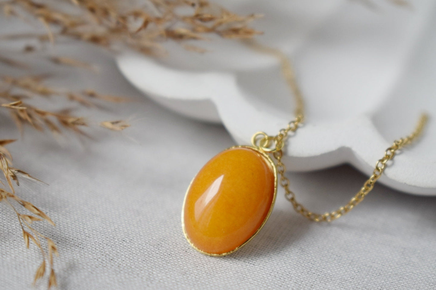 Necklace Yellow Jade Oval Gold Pendant For Women, Yellow gemstone necklace, Long yellow stone necklace, Handmade jewelry, Gift for her