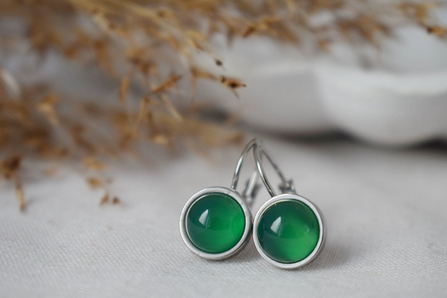 Green agate dangle earrings, Small round gemstone, Minimalist lever back earrings, Handmade jewelry for women