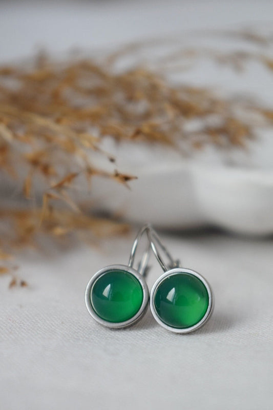 Green agate dangle earrings, Small round gemstone, Minimalist lever back earrings, Handmade jewelry for women