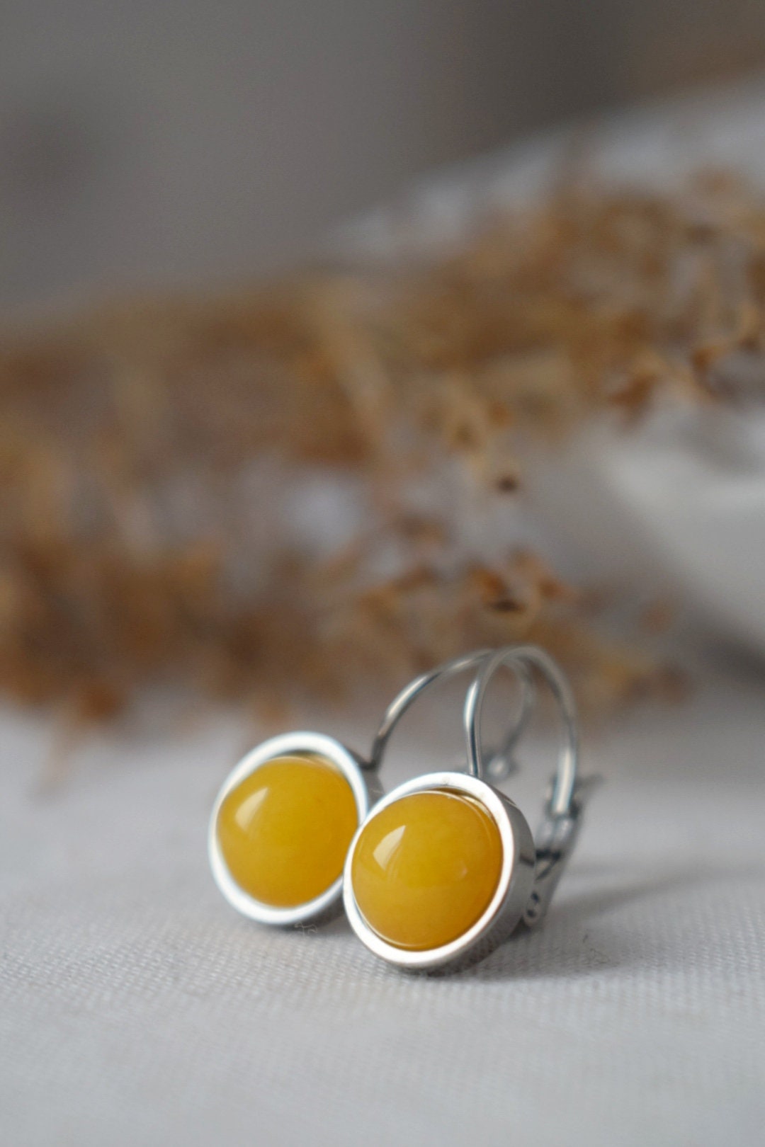 Yellow jade earrings, Gemstone dangle earrings, Leverback earrings stone, 8mm, Small hanging round earrings, Handmade jewelry, Gift for her
