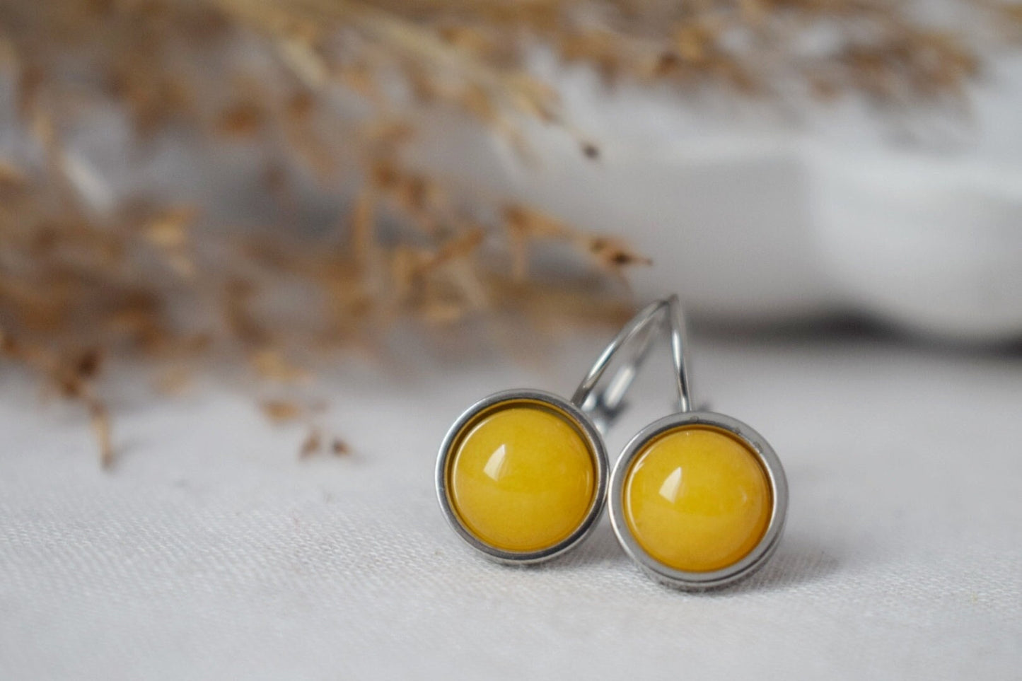 Yellow jade earrings, Gemstone dangle earrings, Leverback earrings stone, 8mm, Small hanging round earrings, Handmade jewelry, Gift for her