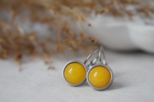 Yellow jade earrings, Gemstone dangle earrings, Leverback earrings stone, 8mm, Small hanging round earrings, Handmade jewelry, Gift for her