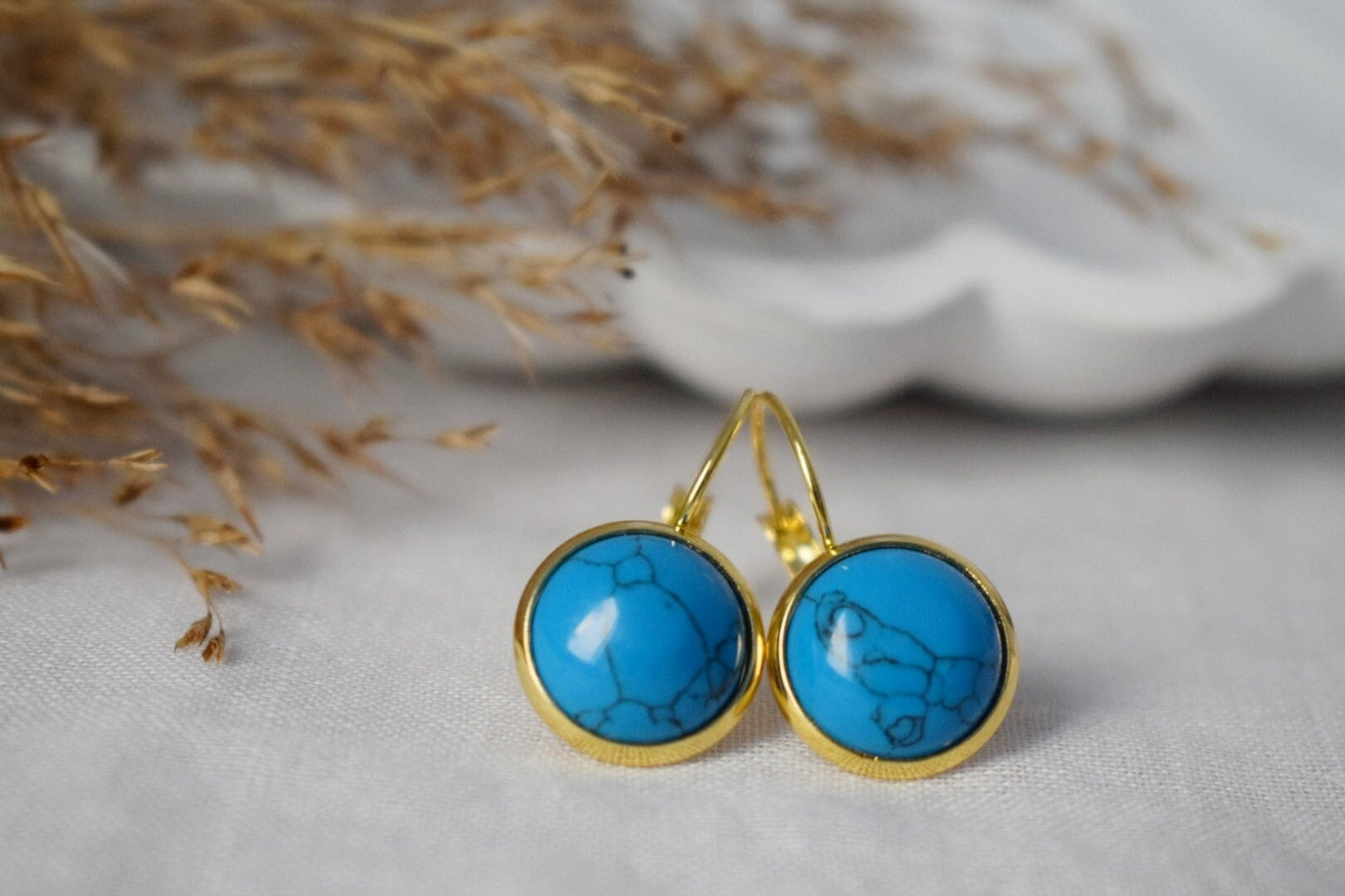 Turquoise Earrings Dangle, Round Blue Gemstone Earrings, Dark Blue, 18k gold plated stainless steel, Jewelry Gift For Women, Mother's day