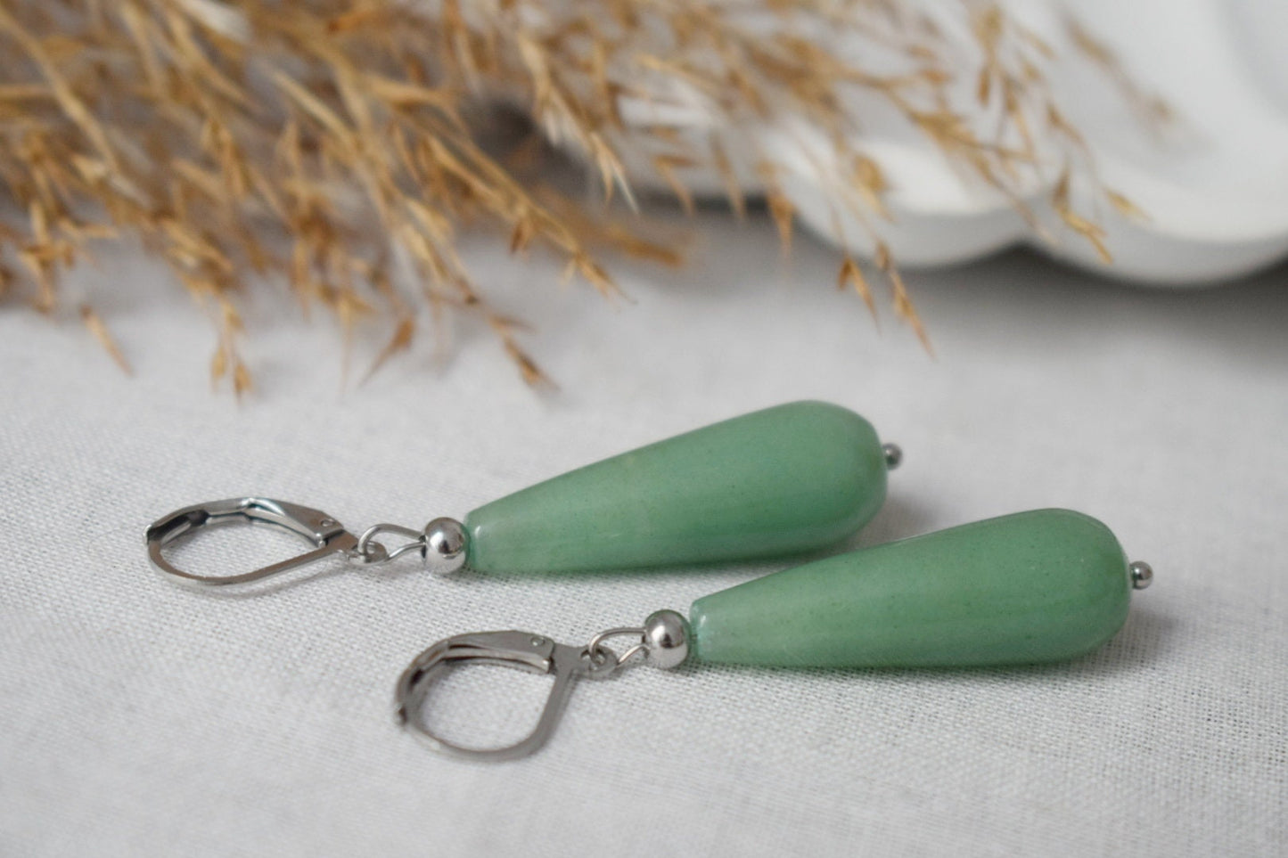 Long teardrop aventurine dangle earrings, Green silver gemstone drop hoops, Natural aventurine jewelry giftBest christmas gift