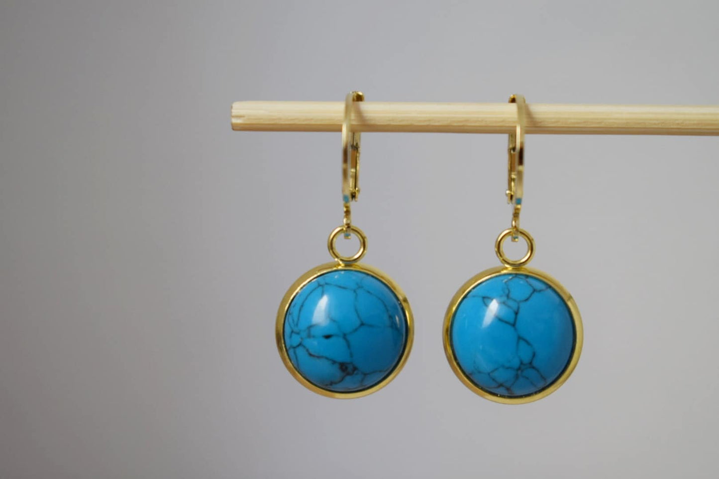 Turquoise earrings gold dangle, Huggie earrings, Round Gemstone Hanging Earrings, Lever Back Hoop Earrings, Turquoise Jewelry, Gift For Her