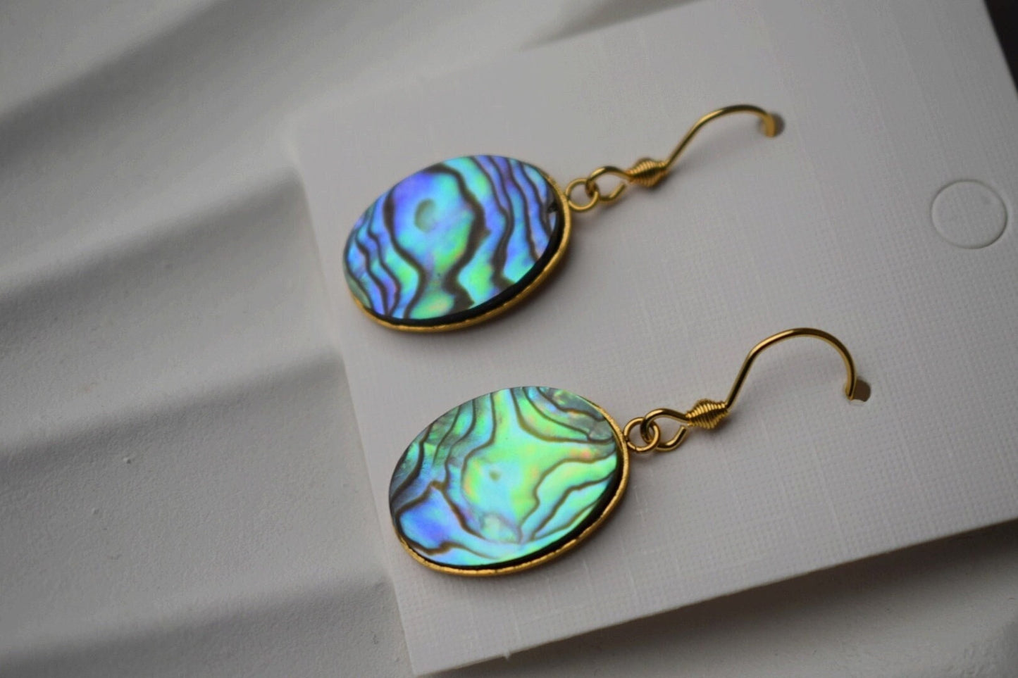 Abalone dangle earrings, Paua shell, Oval earrings, Colorful natural abalone earrings, Abalone shell, Abalone gold plated jewelry