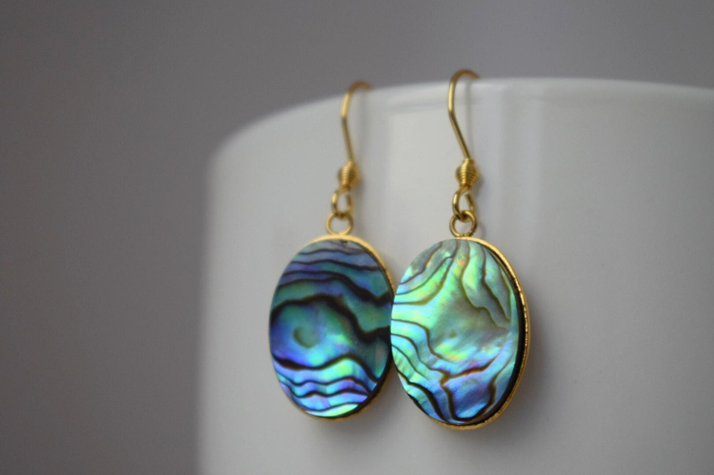 Abalone dangle earrings, Paua shell, Oval earrings, Colorful natural abalone earrings, Abalone shell, Abalone gold plated jewelry