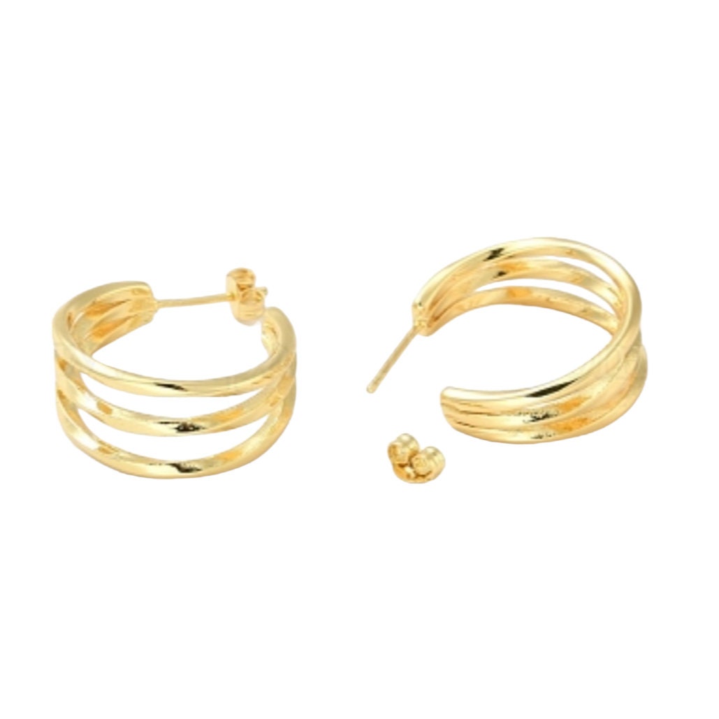 Triple Layer Hoops, 18k Gold Plated Triple Row Stud Earrings, Statement Chunky Half Hoops For Women, Boho Modern Earrings, Gift For Her