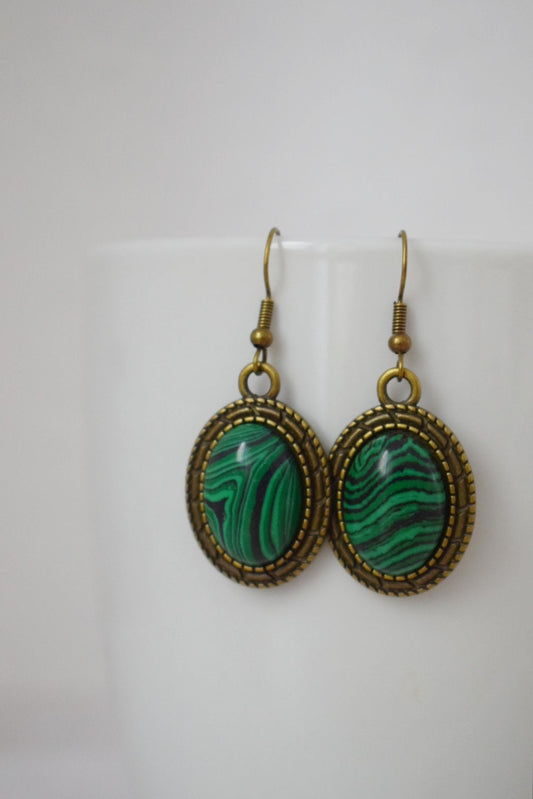 Vintage malachite earrings dangle, Oval green gemstone hanging earrings, Long statement filigree earrings, Malachite jewelry, Gift for women