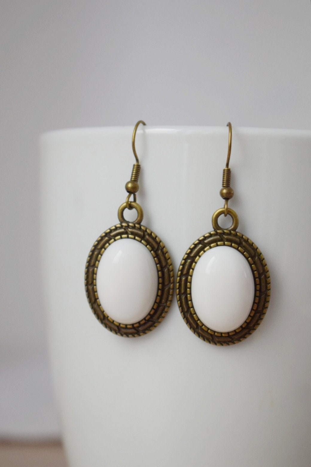 Vintage white jade dangle earrings, Gemstone drop earrings, Stone hanging earrings, Statement filigree earrings, Jewelry gift for women