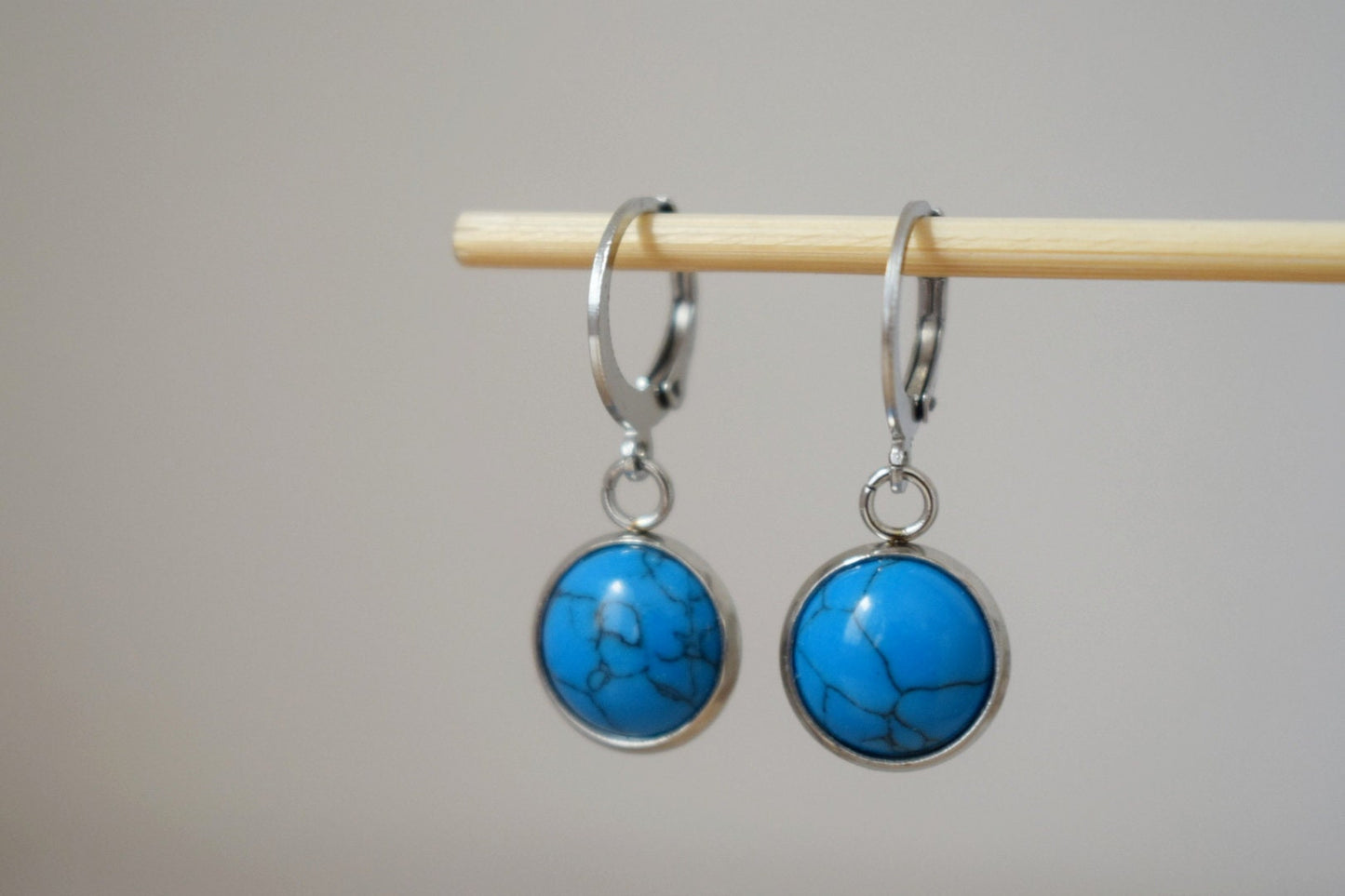 Turquoise earrings, Huggie earrings with turquoise pendant stainless steel, Round gemstone hoops, Small boho jewelry, Gift for her