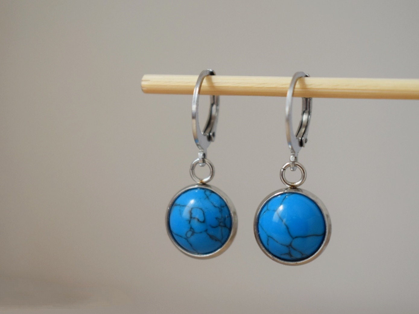 Turquoise earrings, Huggie earrings with turquoise pendant stainless steel, Round gemstone hoops, Small boho jewelry, Gift for her