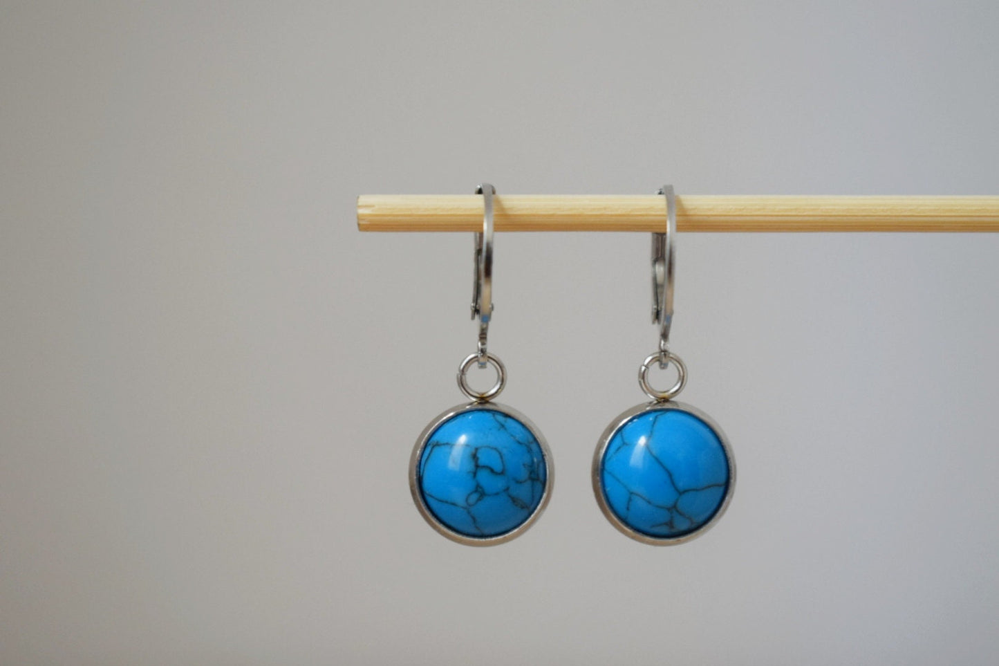 Turquoise earrings, Huggie earrings with turquoise pendant stainless steel, Round gemstone hoops, Small boho jewelry, Gift for her