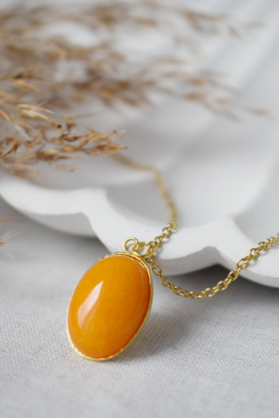 Necklace Yellow Jade Oval Gold Pendant For Women, Yellow gemstone necklace, Long yellow stone necklace, Handmade jewelry, Gift for her