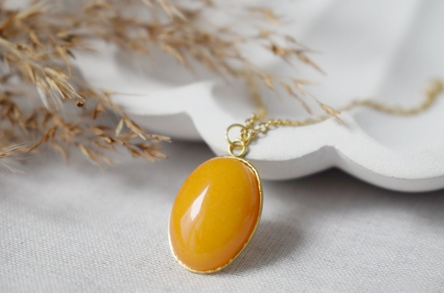Necklace Yellow Jade Oval Gold Pendant For Women, Yellow gemstone necklace, Long yellow stone necklace, Handmade jewelry, Gift for her