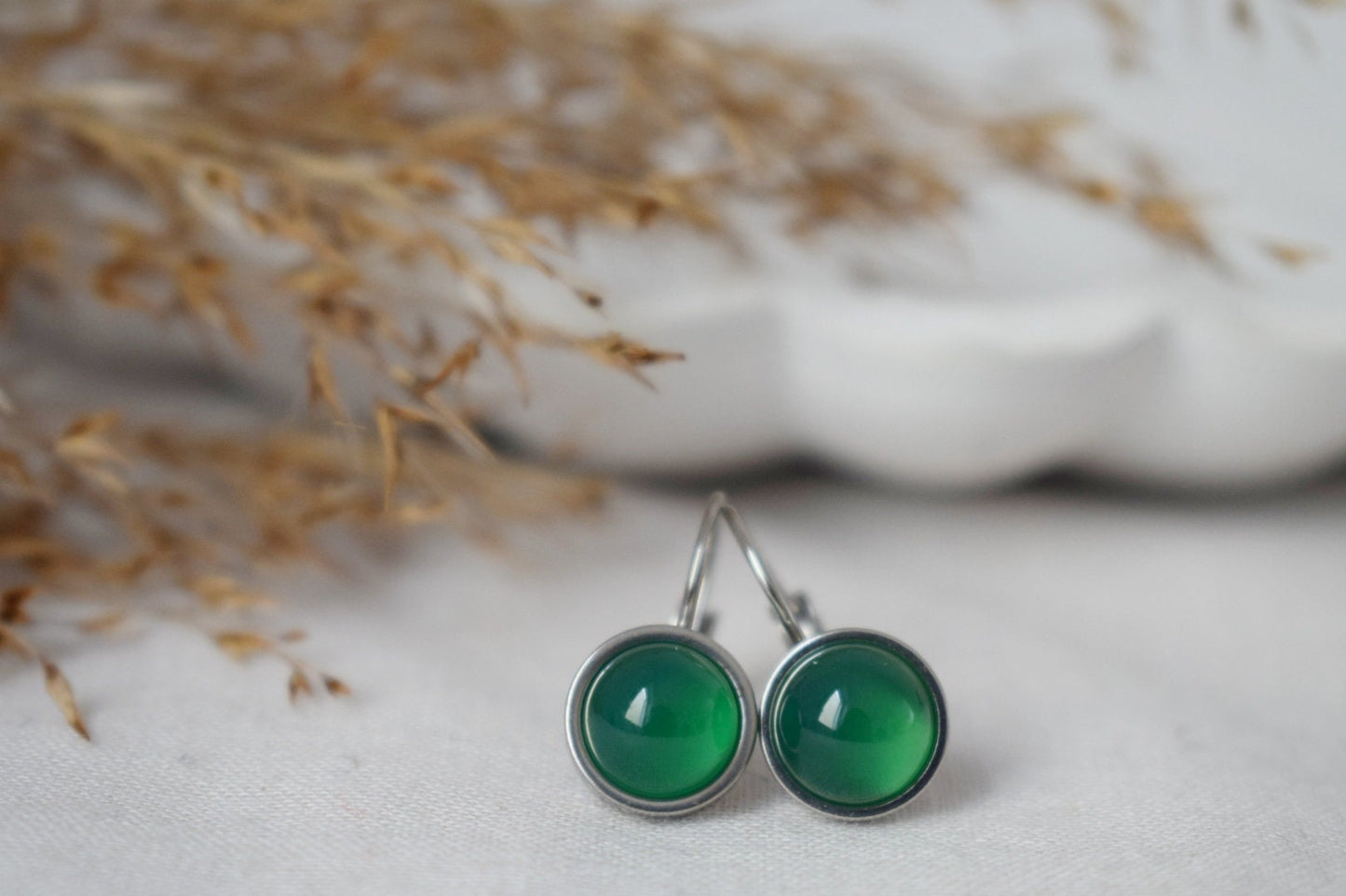 Green agate dangle earrings, Small round gemstone, Minimalist lever back earrings, Handmade jewelry for women