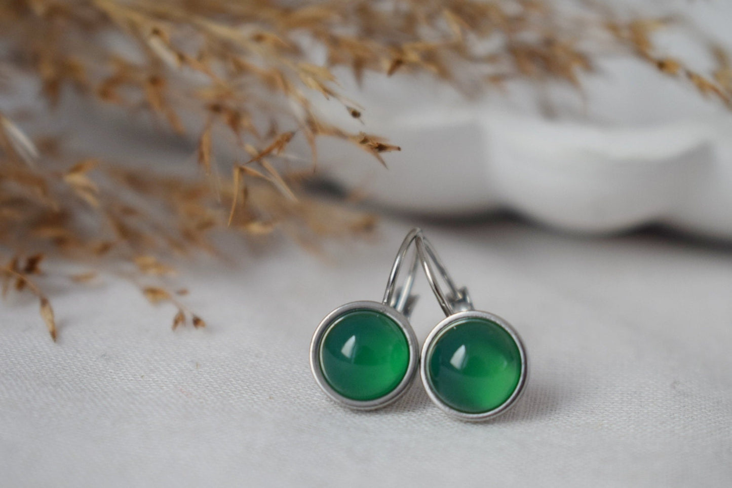 Green agate dangle earrings, Small round gemstone, Minimalist lever back earrings, Handmade jewelry for women