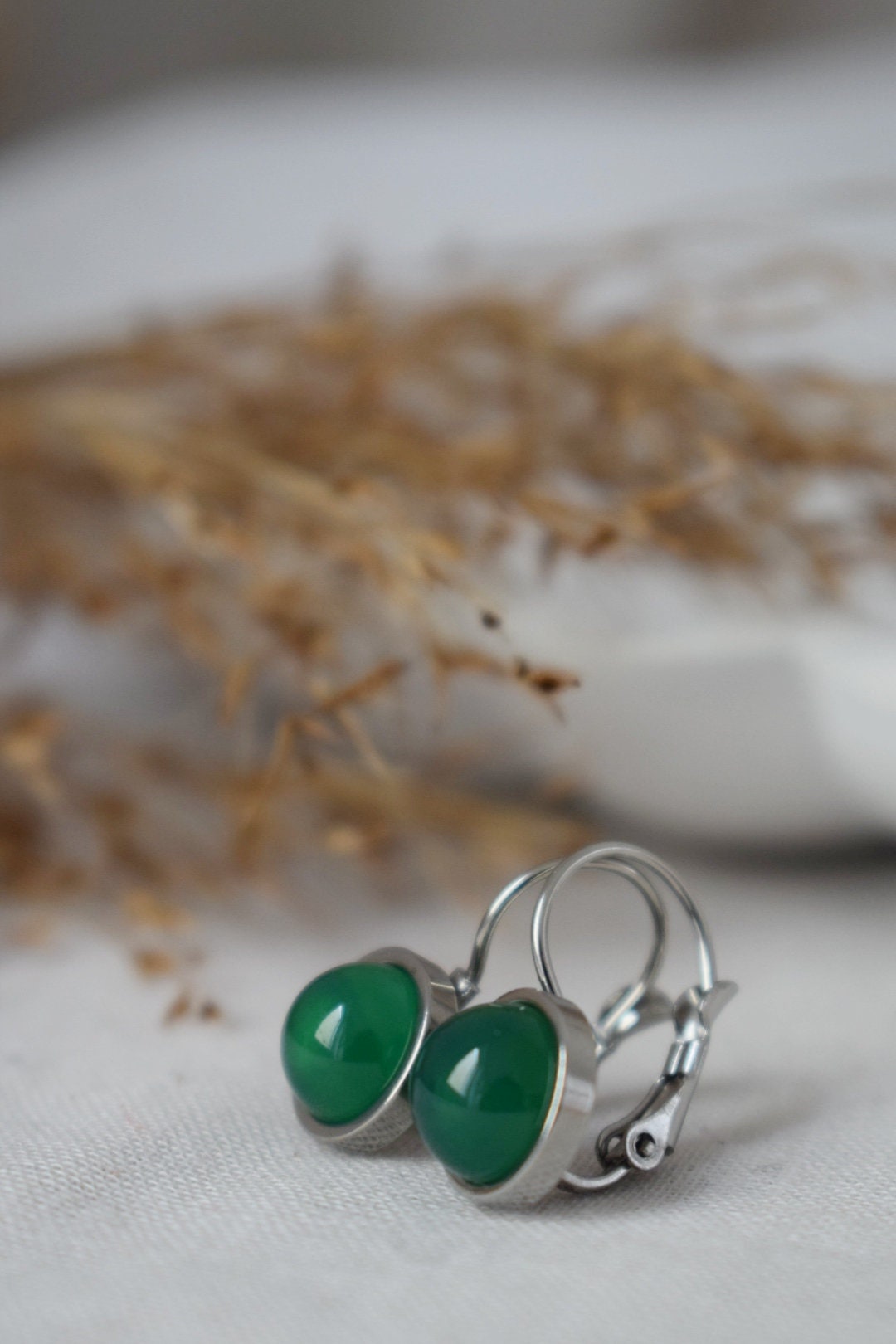 Green agate dangle earrings, Small round gemstone, Minimalist lever back earrings, Handmade jewelry for women